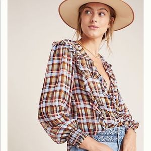 EUC Maeve Anthro Laila ruffled plaid blouse 2